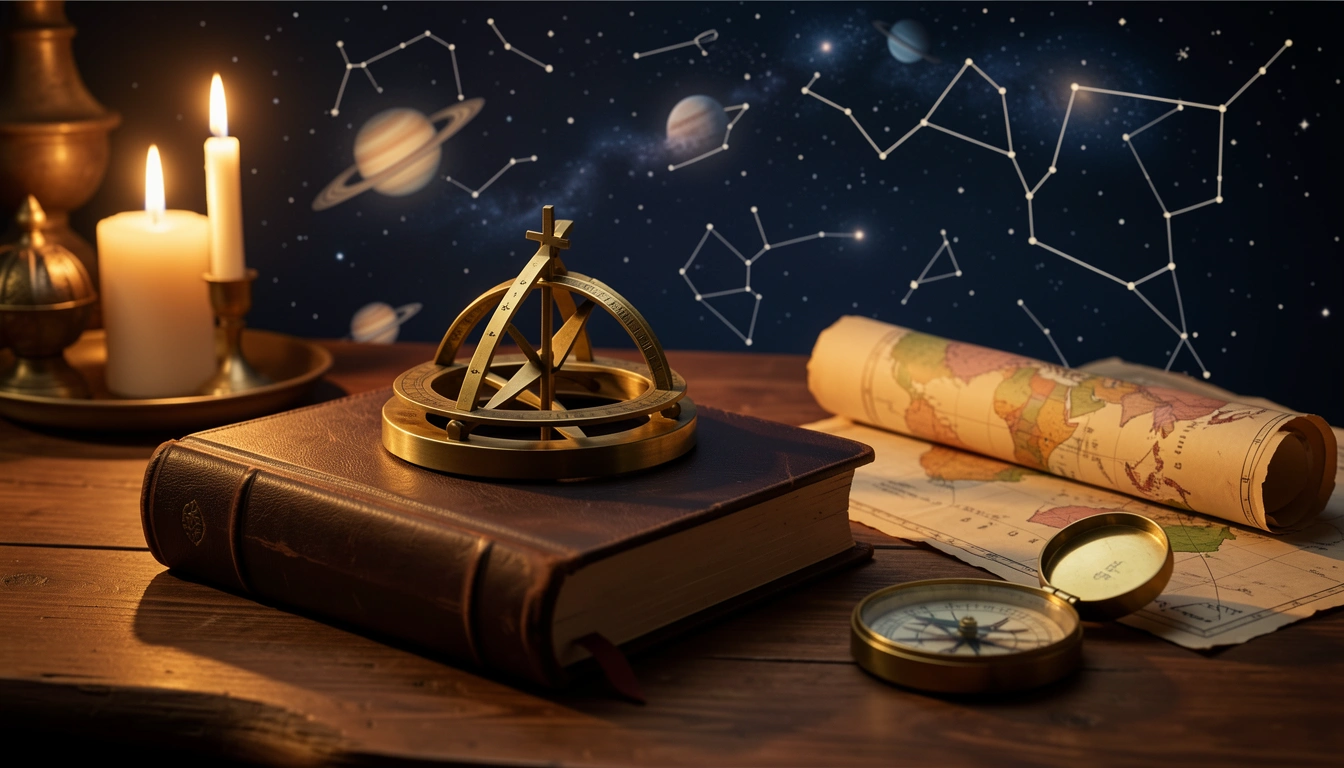 Brass astrolabe and travel journal lit by candlelight, symbolizing the 9th house themes of long-distance travel and philosophy