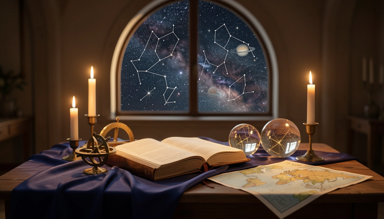 Candlelit table with astrolabe, journal, and crystal spheres before a starry window