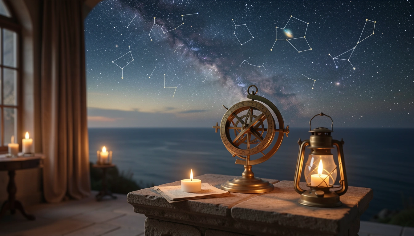 Brass astrolabe under a starry night sky with the Milky Way over the ocean