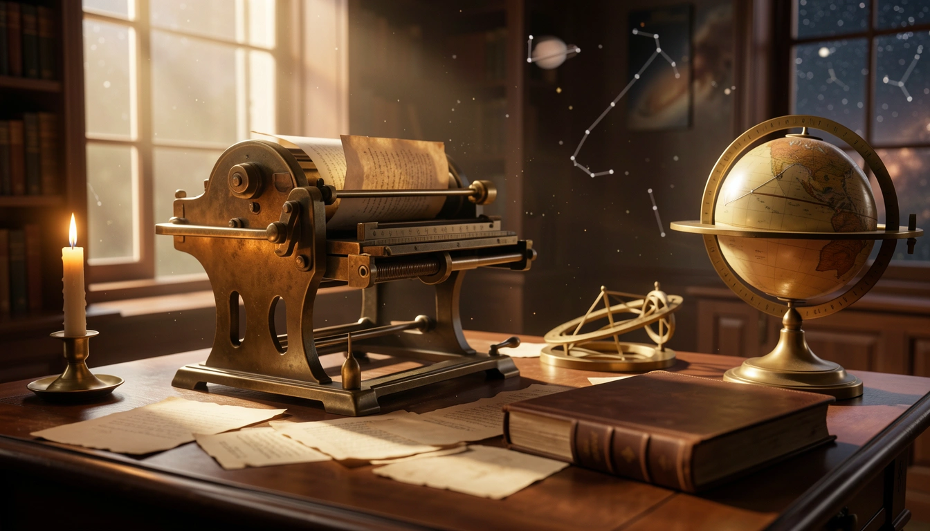Antique brass printing press with parchment and celestial globe in a candlelit study