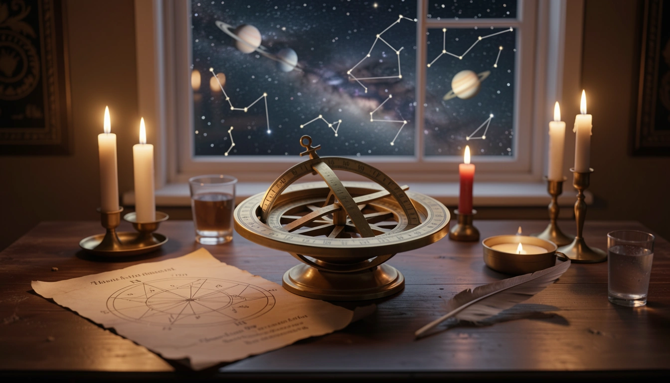 Brass astrolabe and parchment birth chart on a candlelit table with a starry night sky through a window