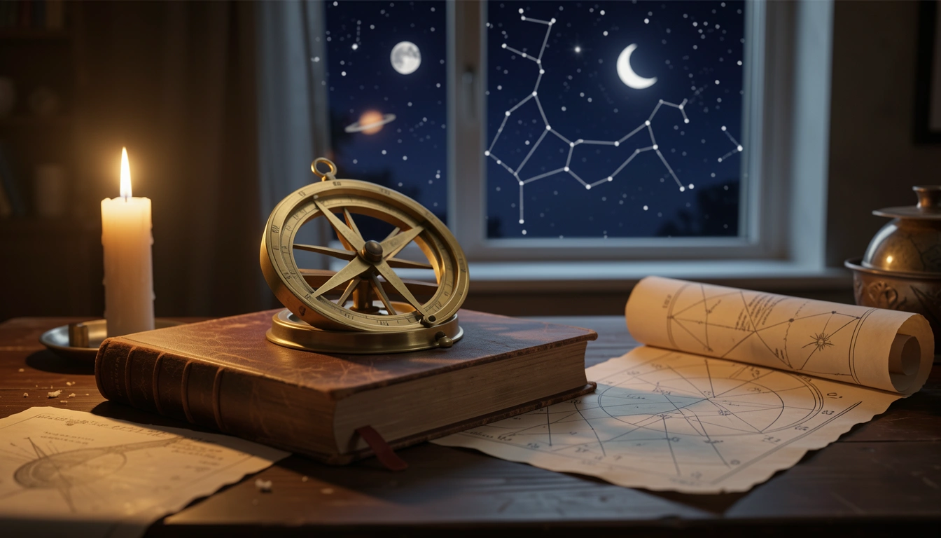 Brass astrolabe and star chart on candlelit wooden table with night sky visible through window