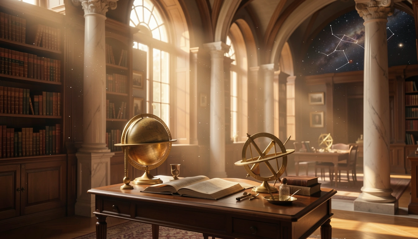 Sunlit university library interior with brass celestial globe and ancient books