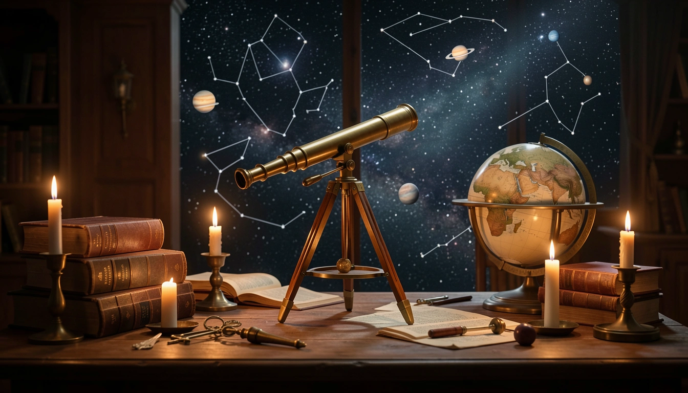 Brass telescope and old books under a starry night sky with candlelight