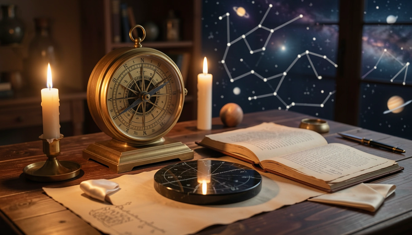 Brass astronomical clock and open ephemeris on a candlelit ritual table