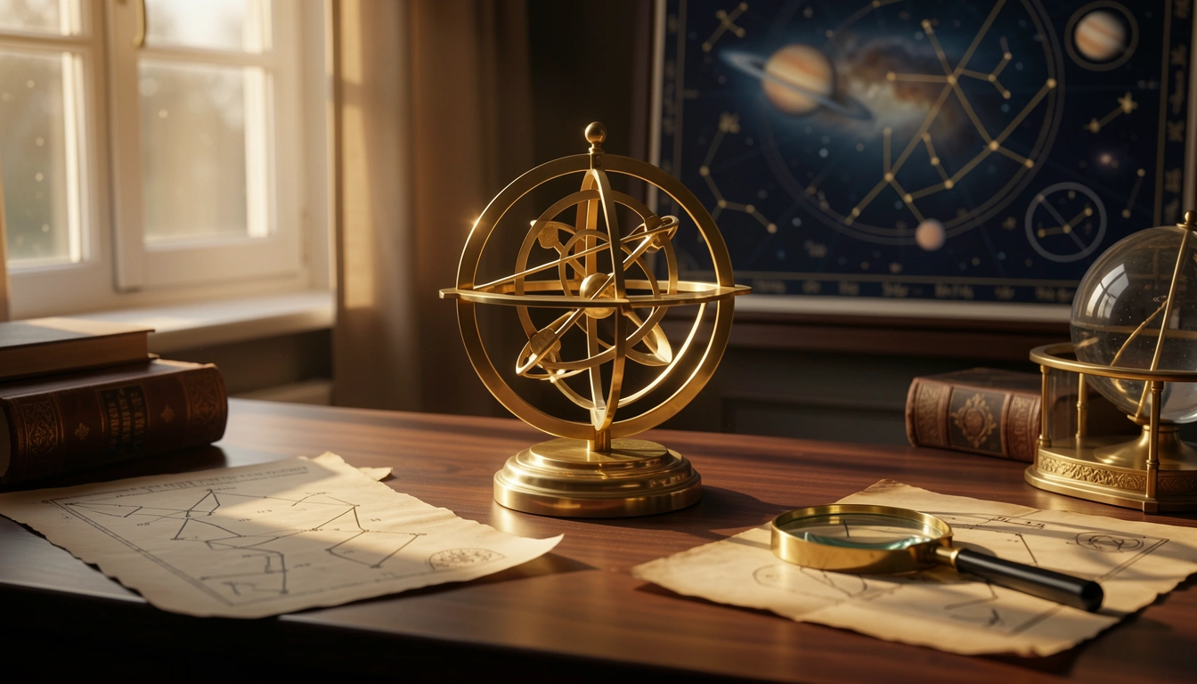 Brass orrery and aged charts lit by warm side-light
