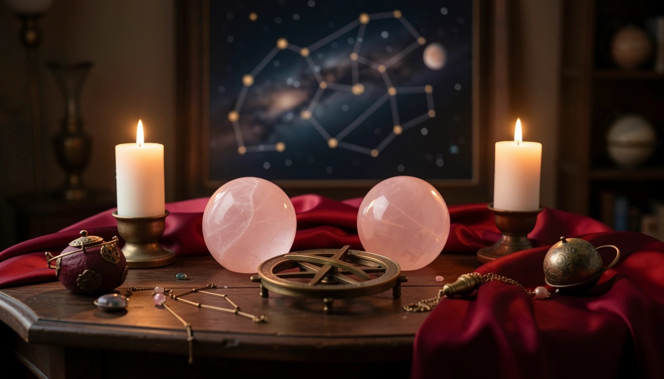 Rose quartz spheres and brass astrolabe on a candlelit table with crimson silk