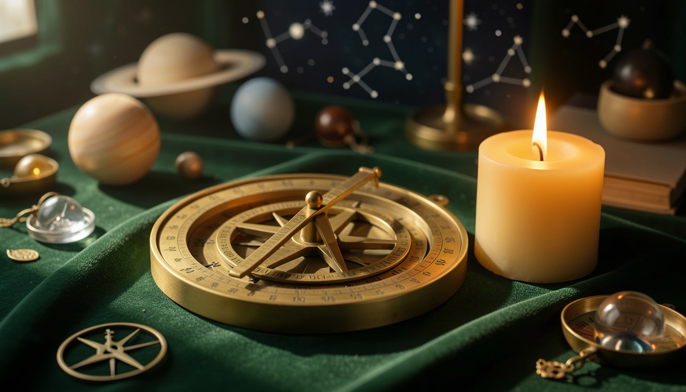 Brass astrolabe and candle on velvet in warm side-light