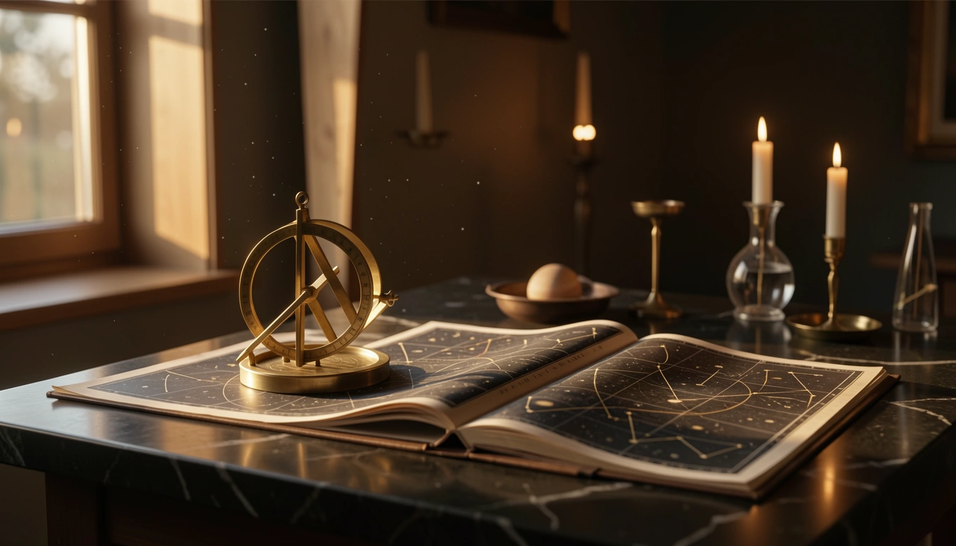 Brass astrolabe and star chart on dark stone in golden light