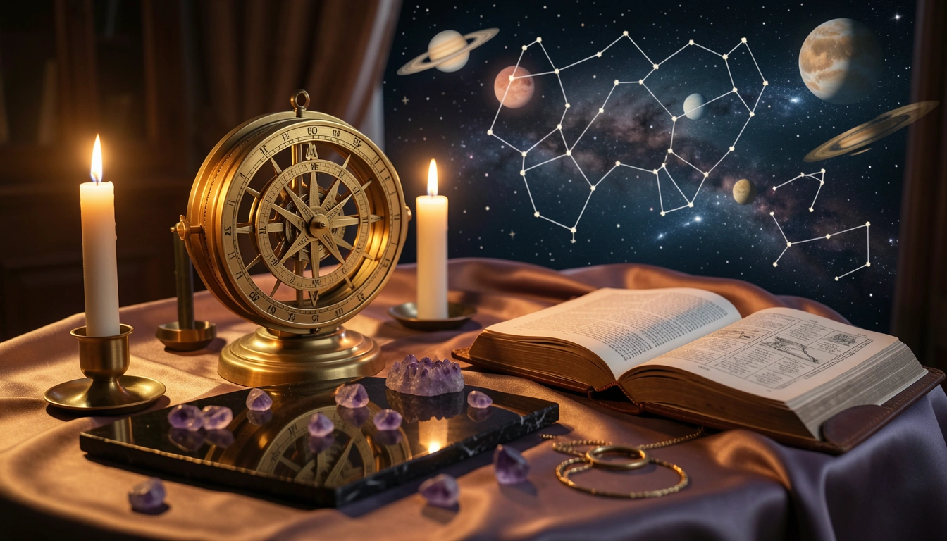 Candlelit ritual table with brass clock, crystals, and open almanac