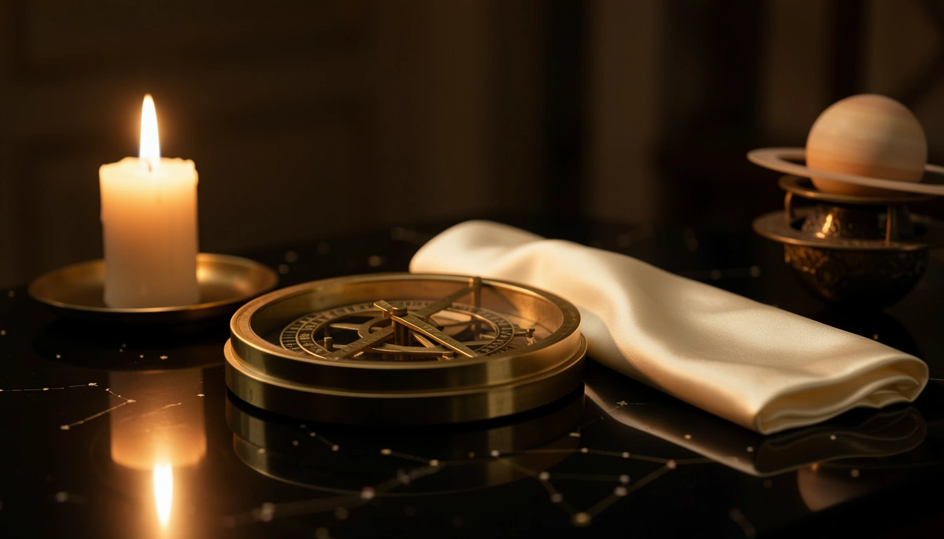 Brass astrolabe on dark stone beside candlelight and silk
