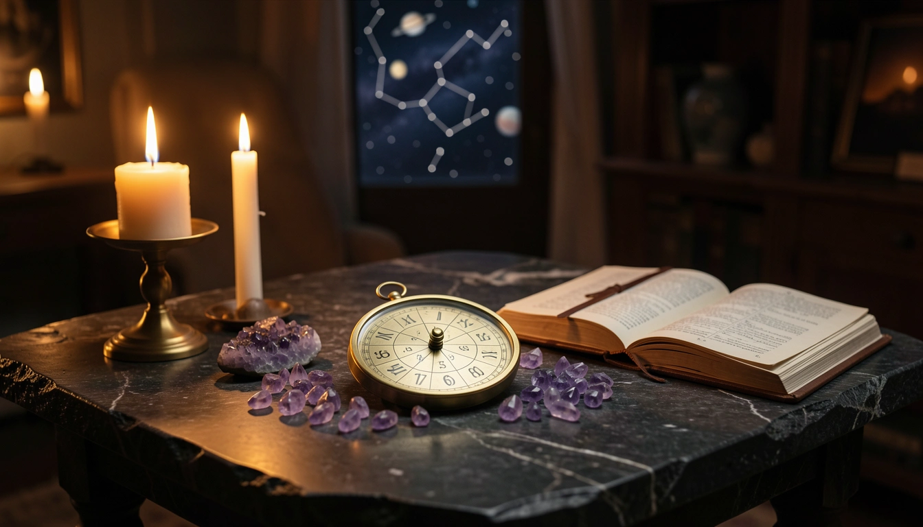 Brass numerology dial and crystals on a candlelit stone table