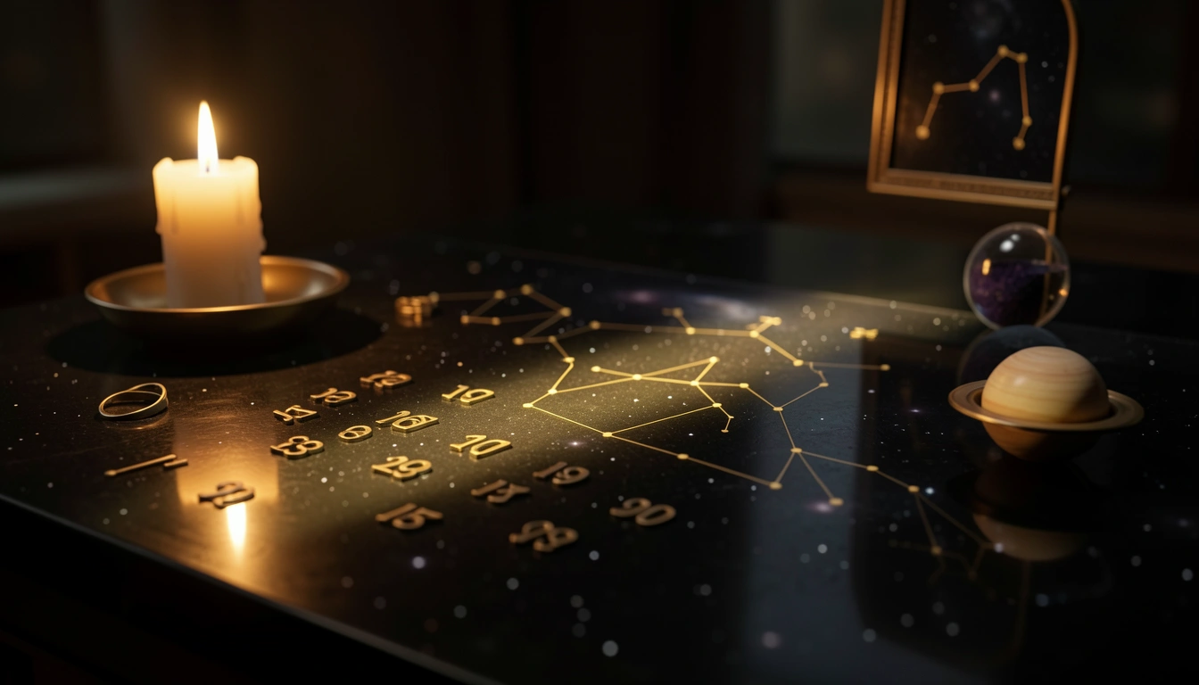 Brass numerals on dark stone under warm candlelight