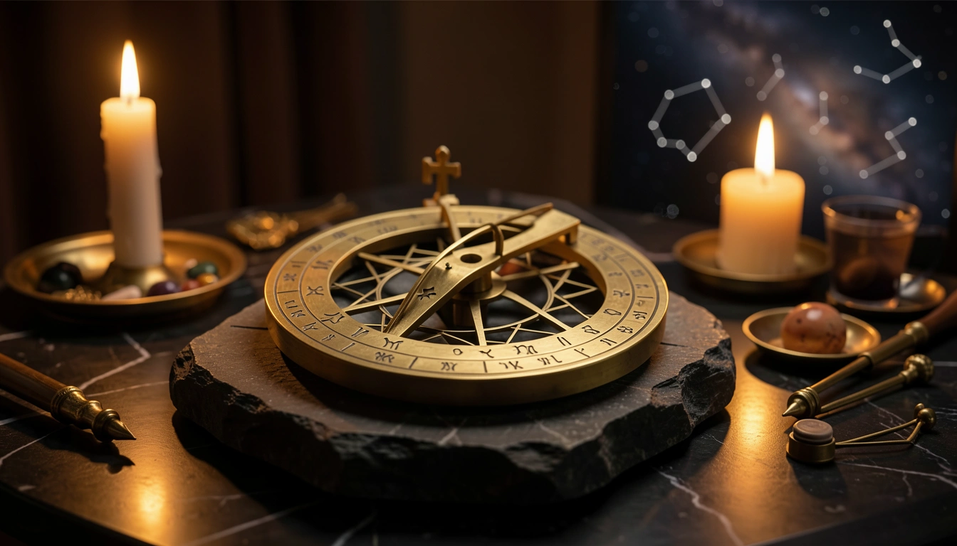 Brass astrolabe on dark stone lit by candlelight