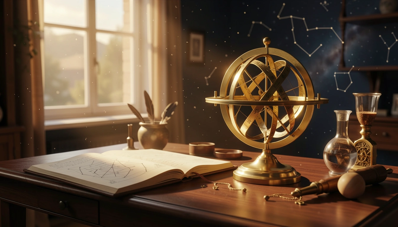 Brass armillary sphere beside an open ephemeris in golden light