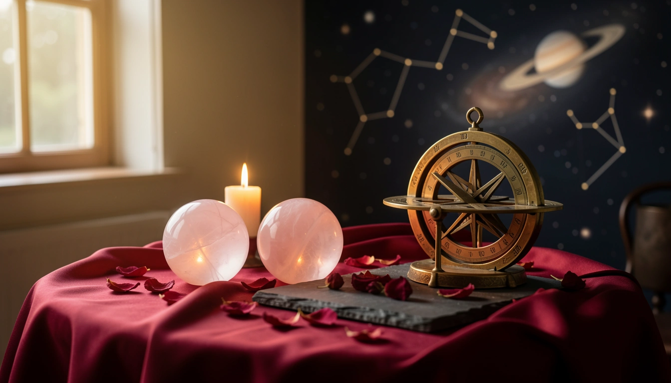 Rose quartz spheres and brass astrolabe on crimson silk under candlelight