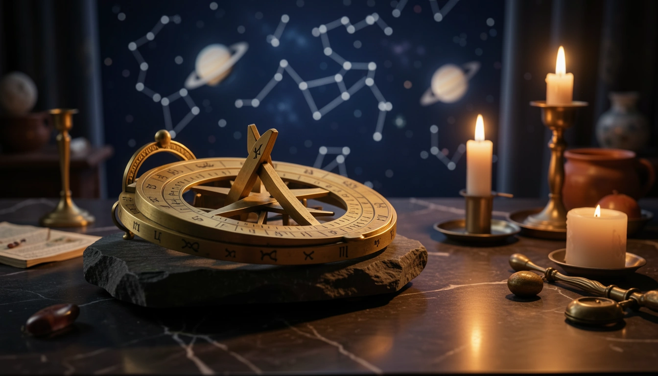 Brass astrolabe on dark stone lit by candlelight