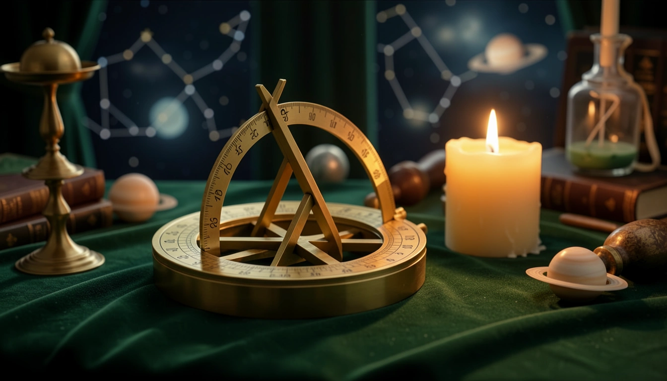 Brass astrolabe and candle on velvet with engraved degree scales