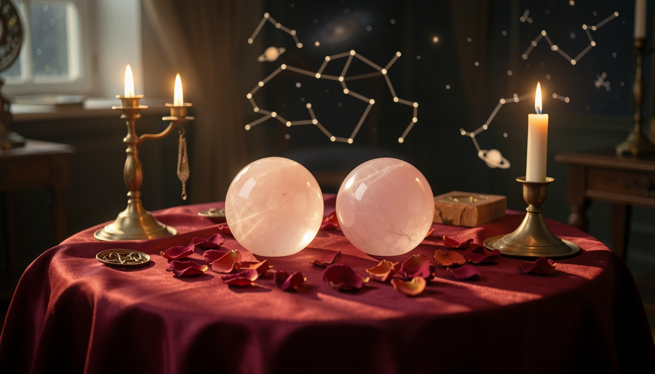 Rose quartz spheres and dried petals on crimson silk beside candlelight
