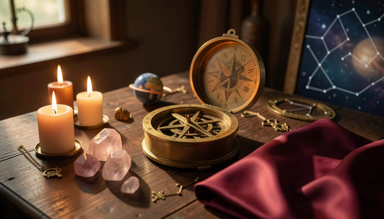 Brass astrolabe and rose quartz crystals on a candlelit table with silk cloth