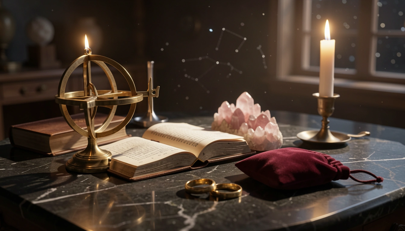 Brass astrolabe, rose quartz, and gold rings on a candlelit stone table
