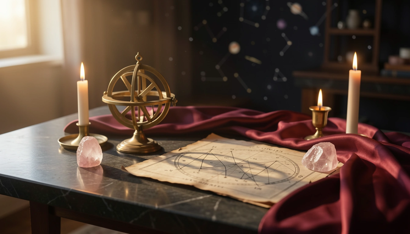 Brass astrolabe and rose quartz on a candlelit stone table with a star chart
