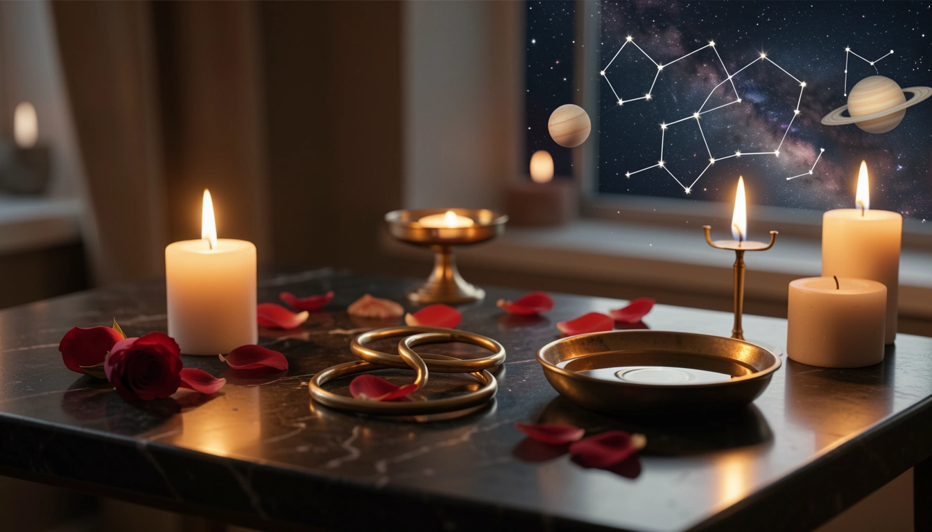 Two brass rings and candlelight on a dark ritual table