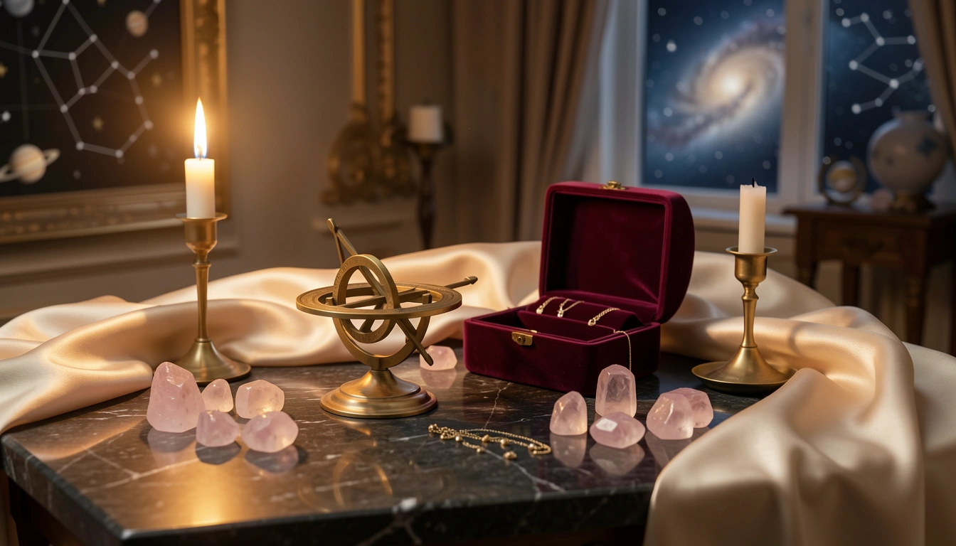 Brass astrolabe and crystals on a candlelit stone table with silk fabric