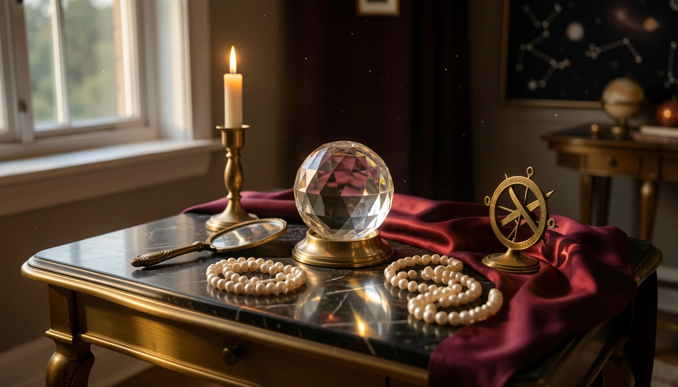 Candlelit vanity with crystal sphere, hand mirror, and brass astrolabe on silk