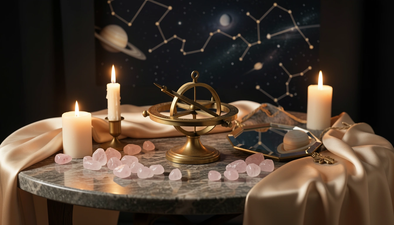 Brass astrolabe and mirror on a candlelit stone table with rose quartz and silk