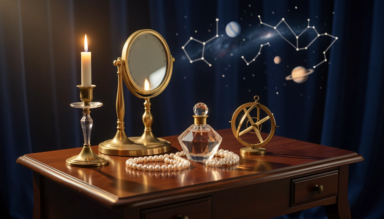 Candlelit vanity with brass mirror, crystal perfume bottle, pearls, and an astrolabe
