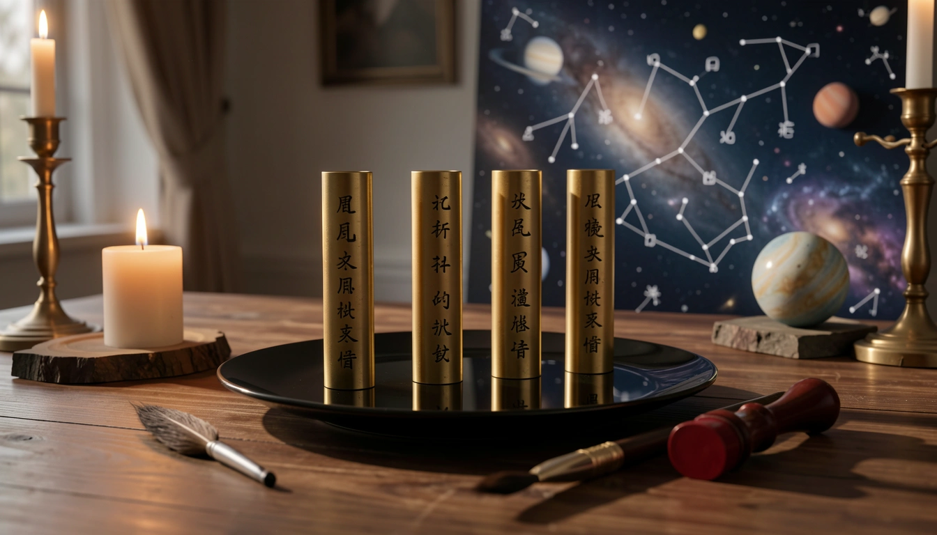 Four brass pillars on a candlelit table with ink brush and red seal