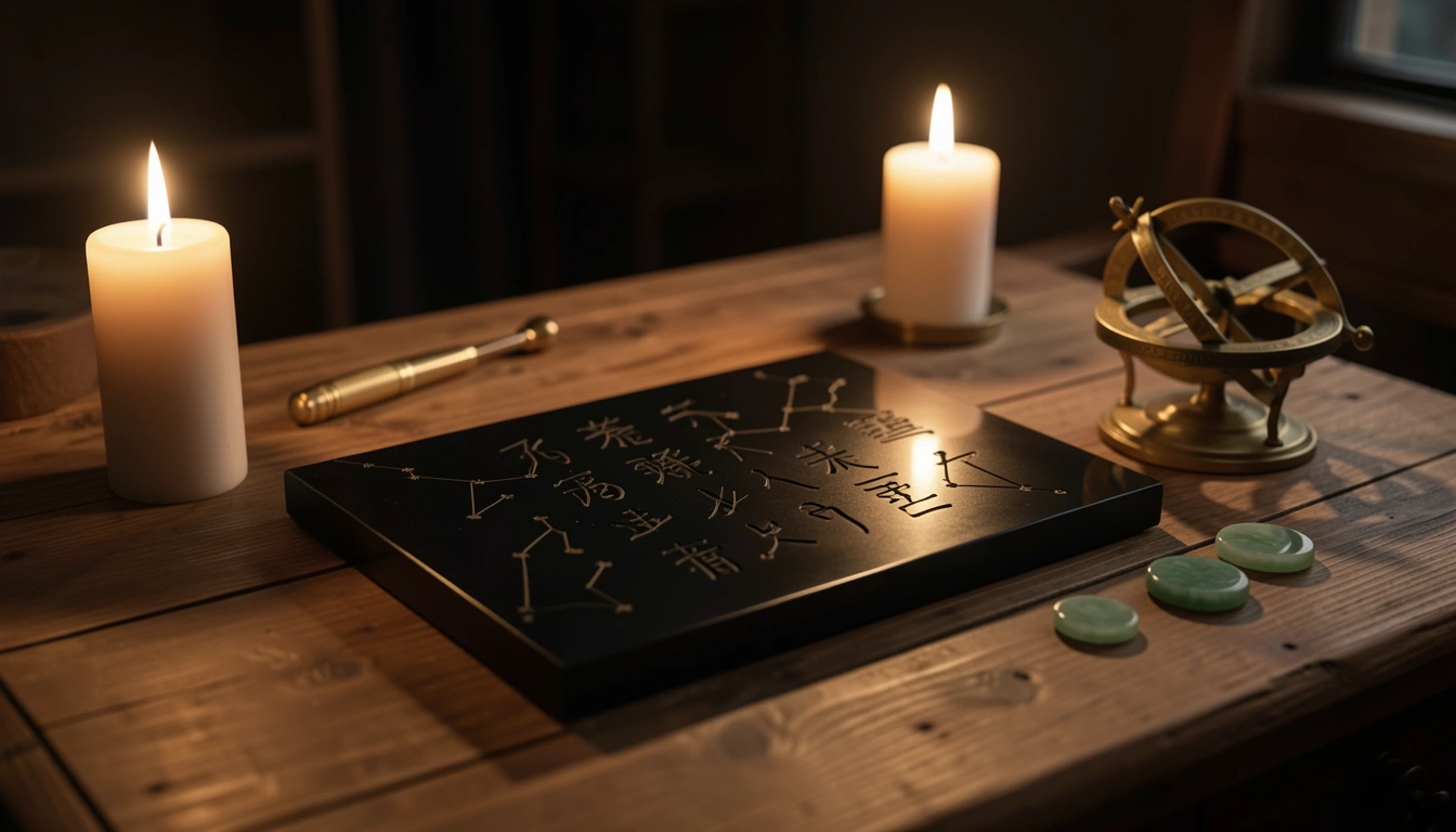 Four engraved columns on a dark stone slab beside brass astronomical discs under candlelight