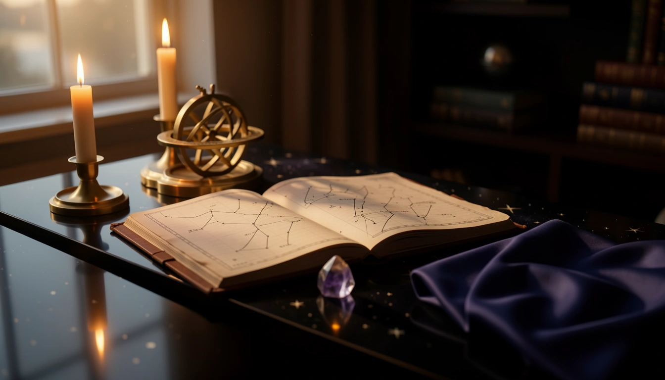 Brass astrolabe and star atlas on a candlelit obsidian desk