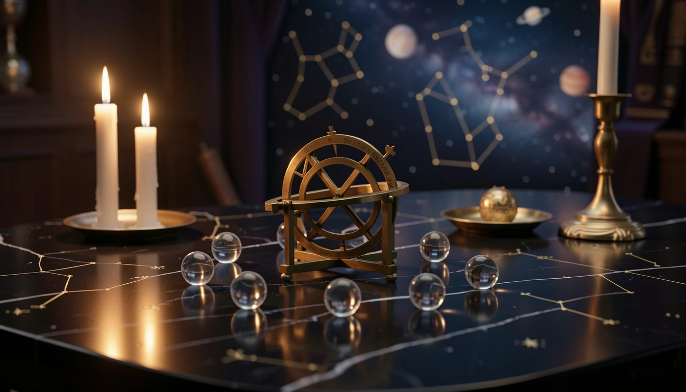 Brass astrolabe and six crystal spheres on dark stone under candlelight