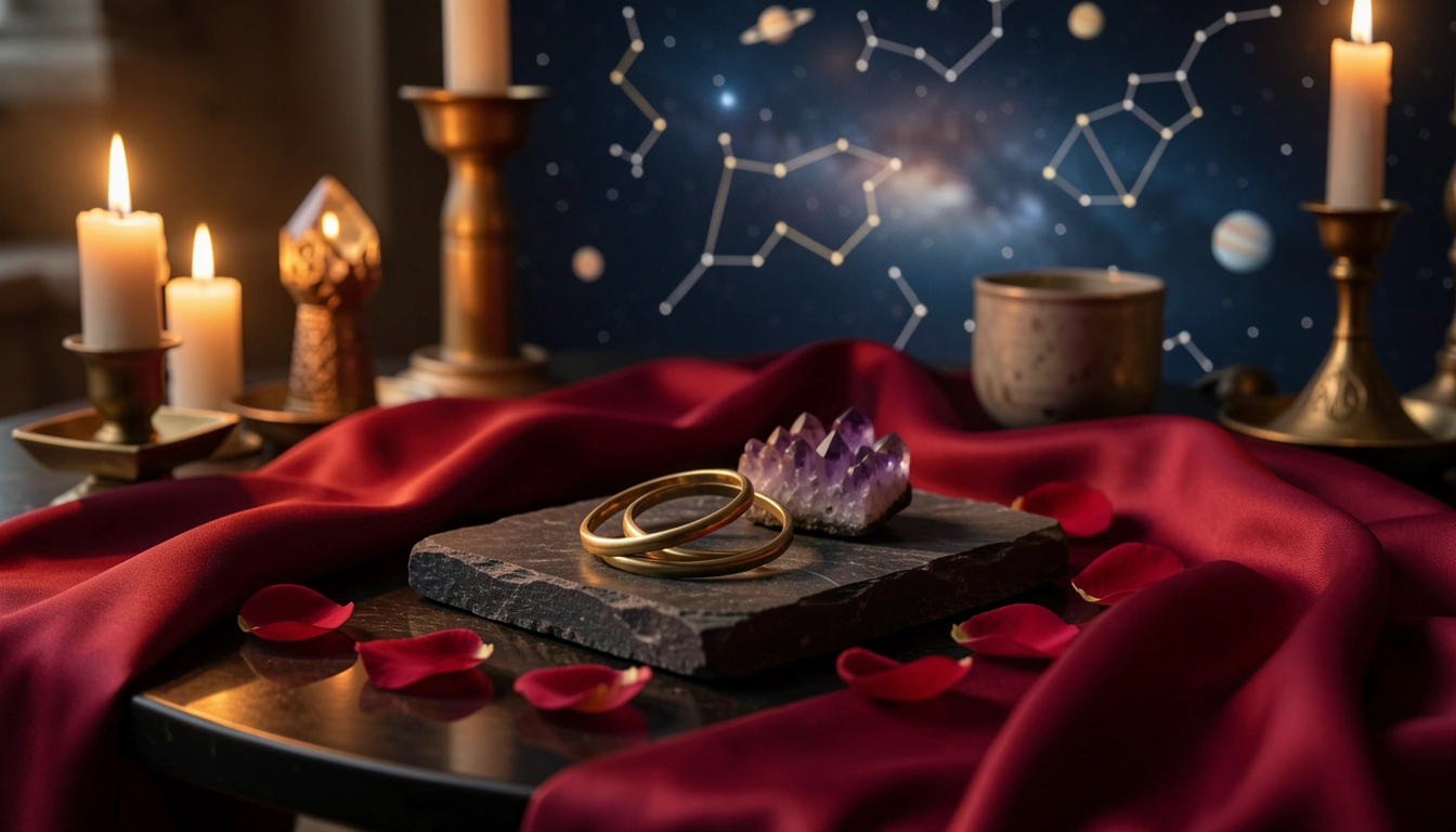 Two brass rings on a candlelit stone table with rose petals and amethyst