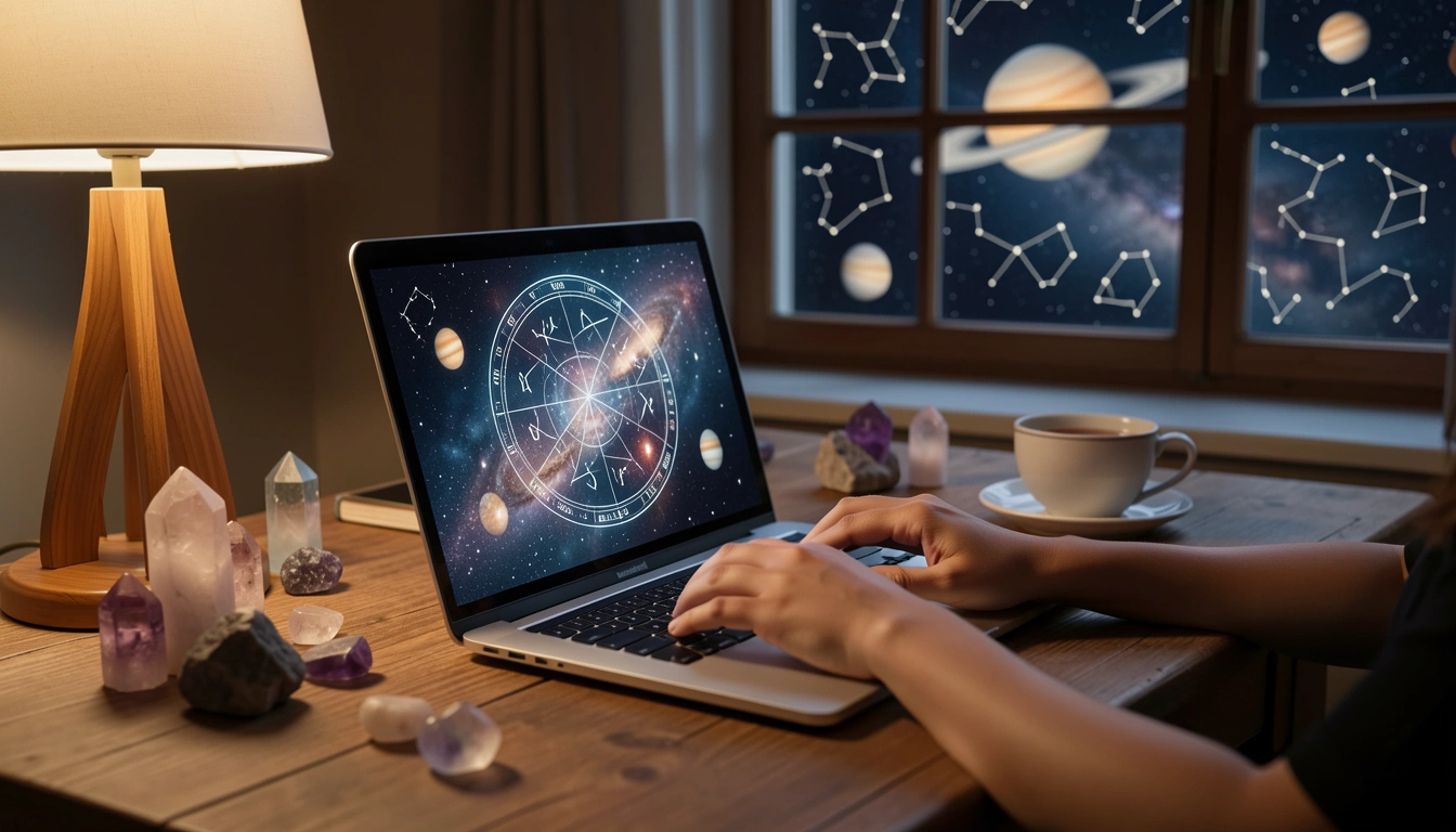 Person using Big 6 astrology calculator on laptop with crystals