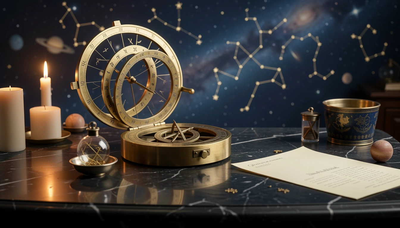 Brass astronomical instruments and a folded report page on a dark stone surface in candlelight