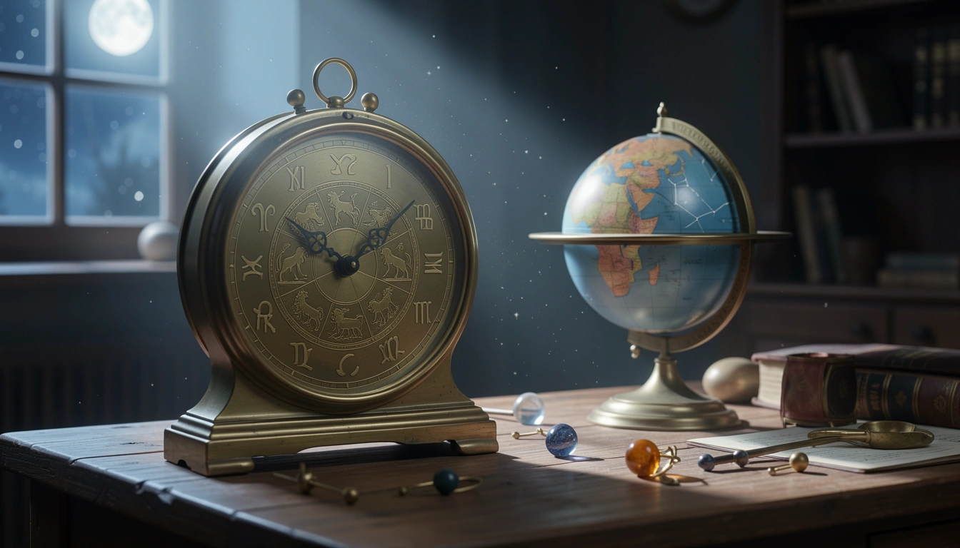 Antique brass clock with zodiac symbols beside a celestial globe in moonlight