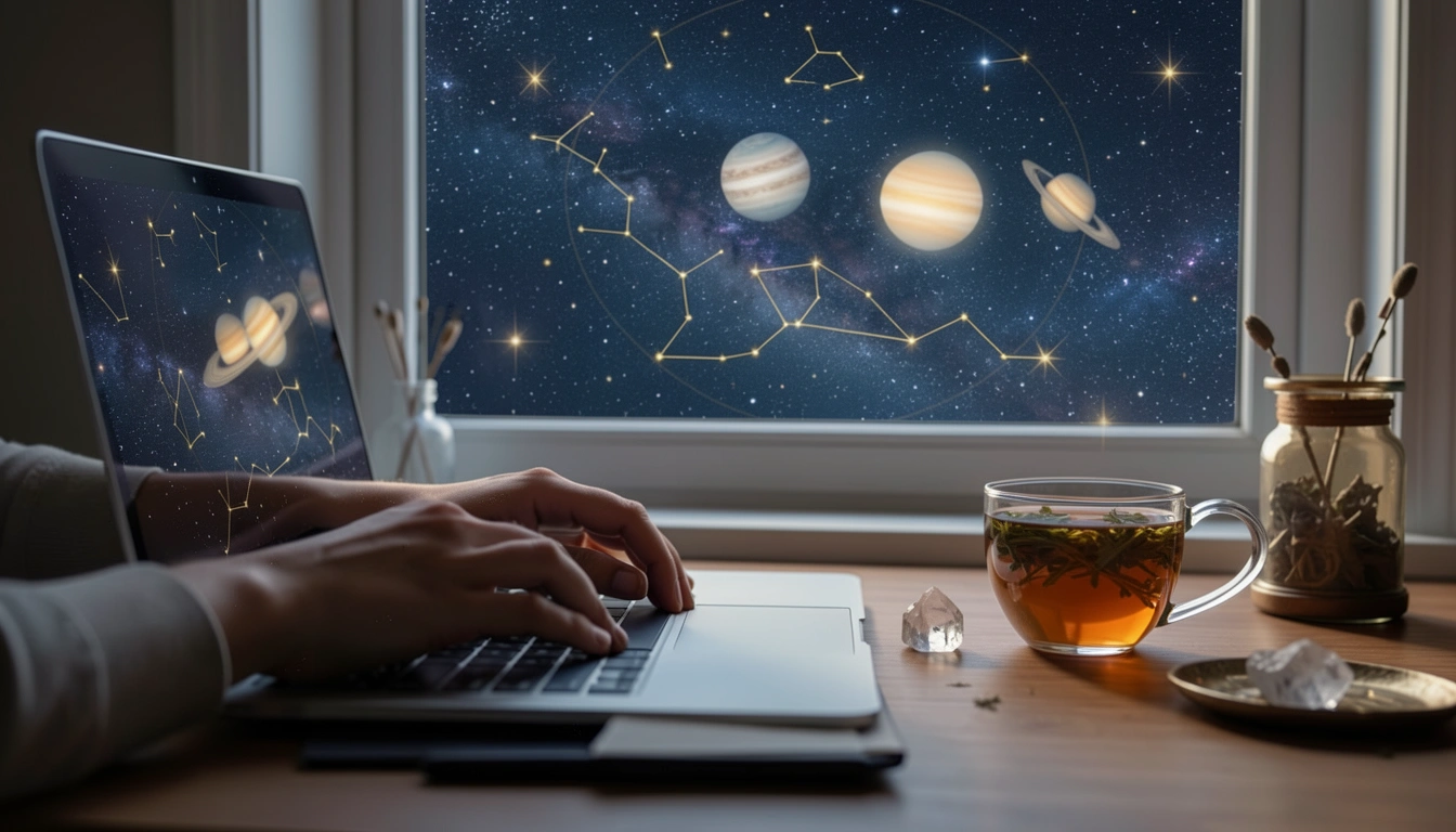 Person entering birth data into Big 3 calculator on laptop with night sky outside