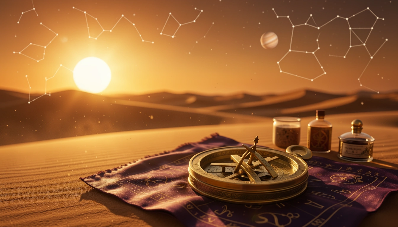 Brass astrolabe on silk cloth at sunrise in desert landscape