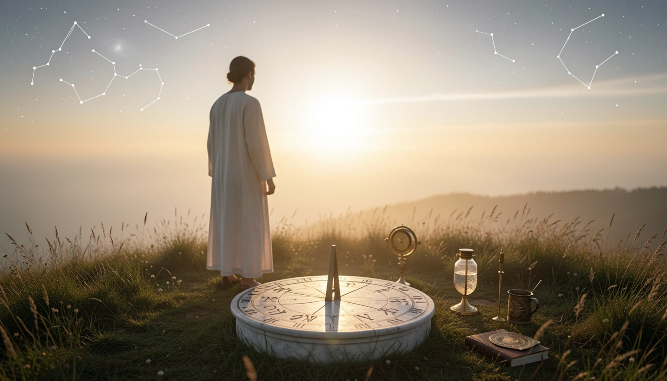 Silhouetted figure at dawn horizon with marble sundial