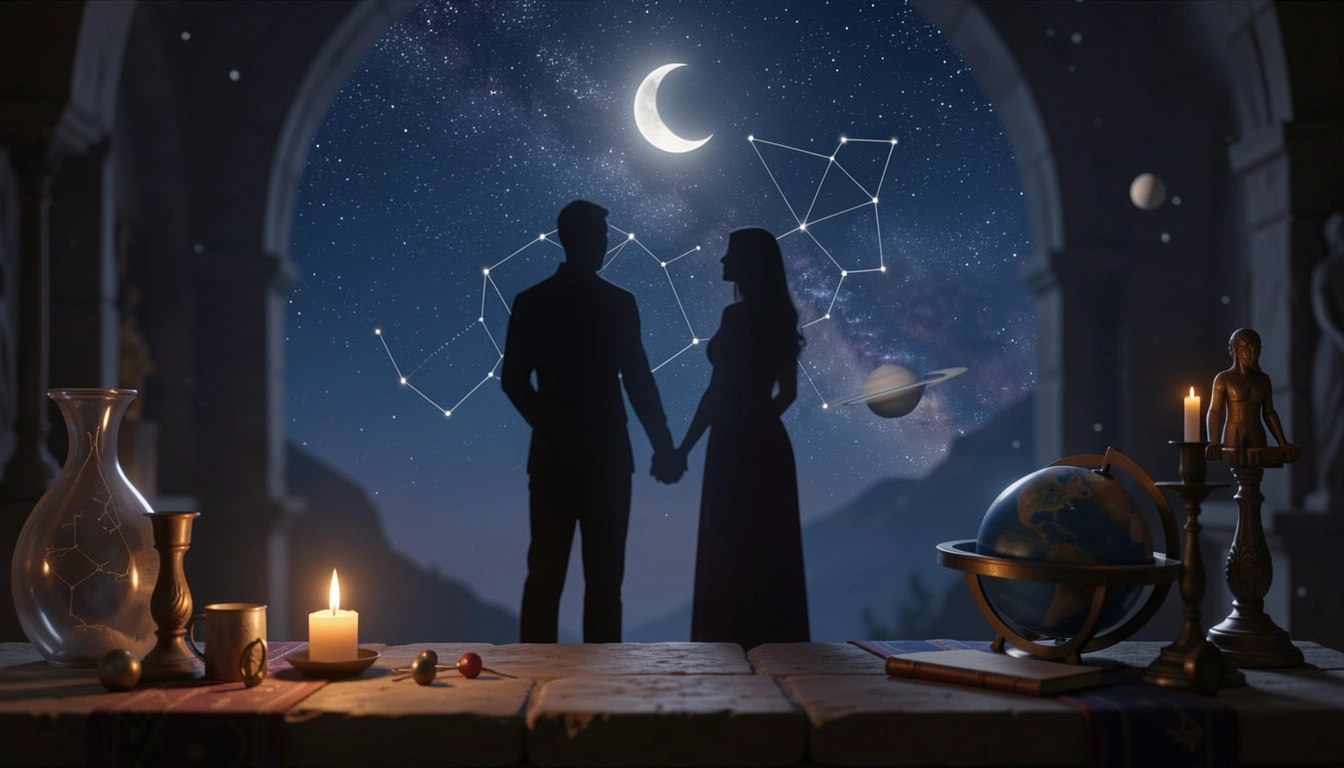 Romantic night sky with two silhouettes and constellations over a candlelit stone ledge