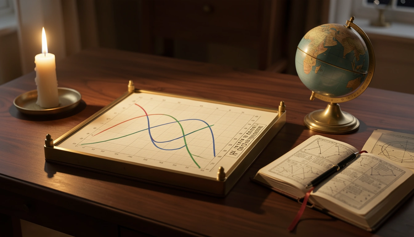 Brass chart recorder drawing three colored sine curves on graph paper beside a celestial globe