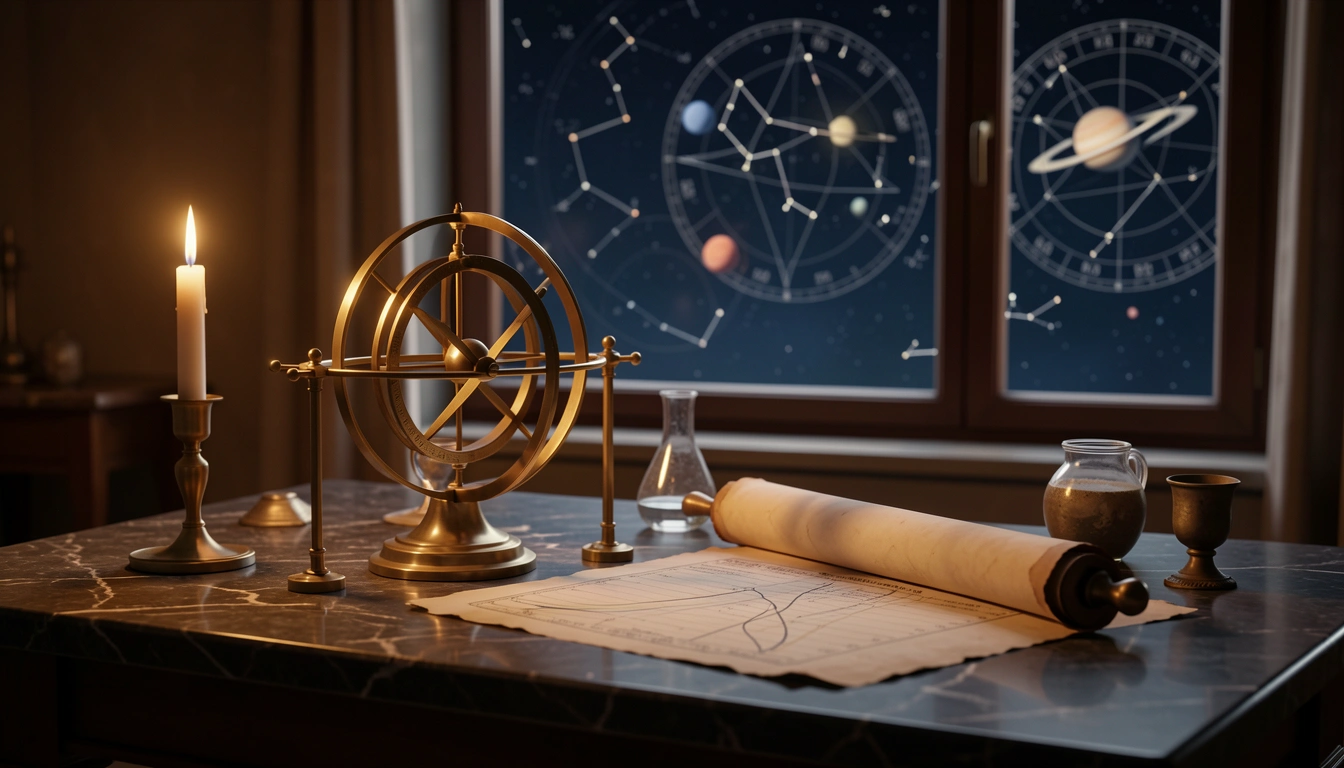 Brass orrery beside a candlelit biorhythm chart on polished stone