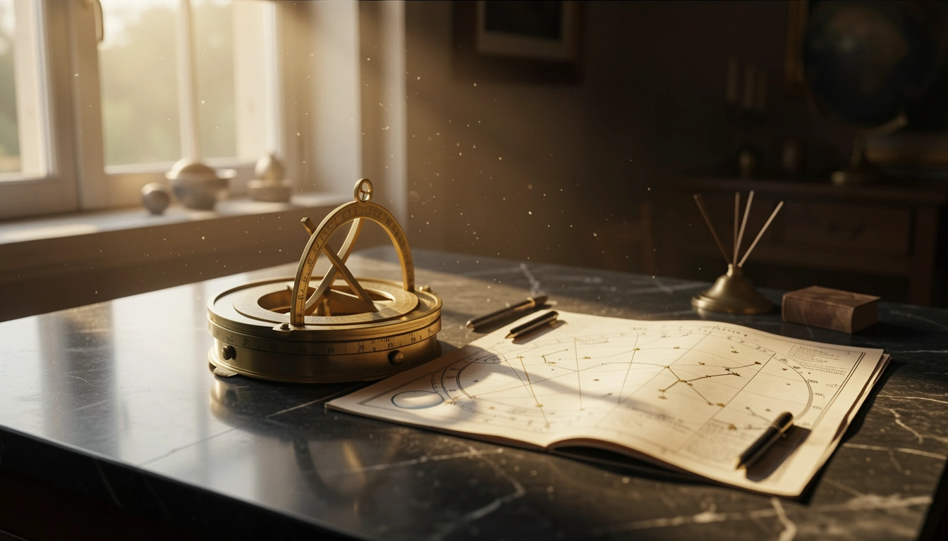 Brass astrolabe and star chart on dark stone under golden side light