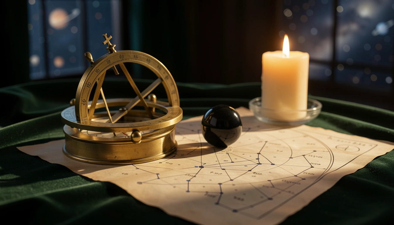 Brass astrolabe and obsidian sphere on velvet beside a candlelit star chart