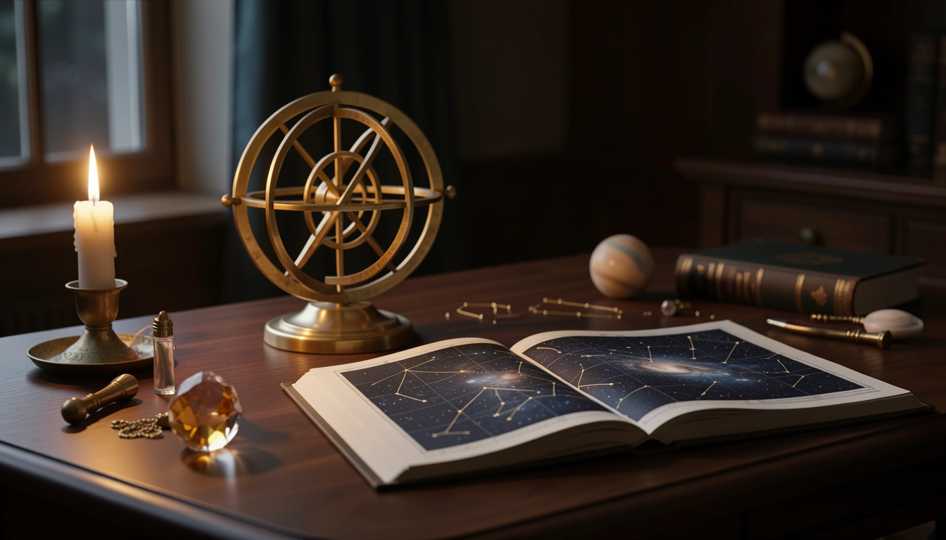 Brass orrery and star atlas on a candlelit desk