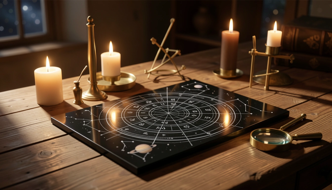 Engraved obsidian chart slab with brass astronomical tools under warm candlelight