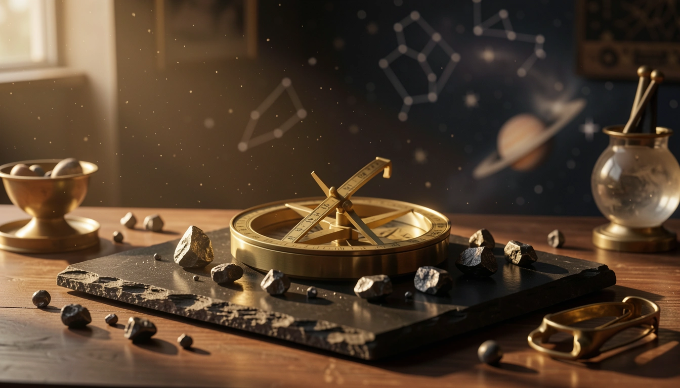 Brass astrolabe beside dark asteroid fragments on polished black stone in golden side light
